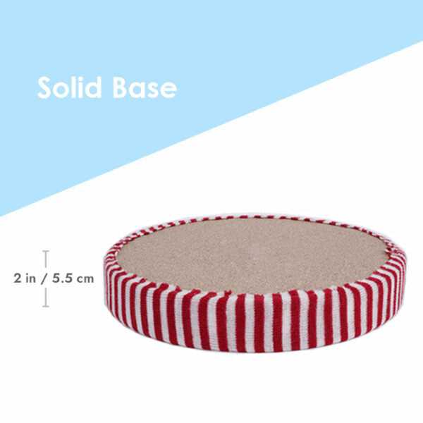 Solid striped base of Snowman Cat Covered Bed measuring 2 inches thick, providing stability and insulation.