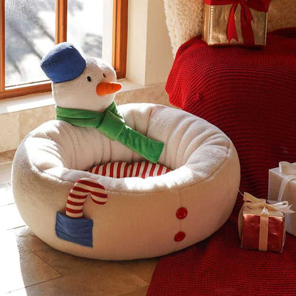 Side view of Hug Snowman Cat Bed showing candy cane pocket and plush snowman design, ideal for holiday pet decor.