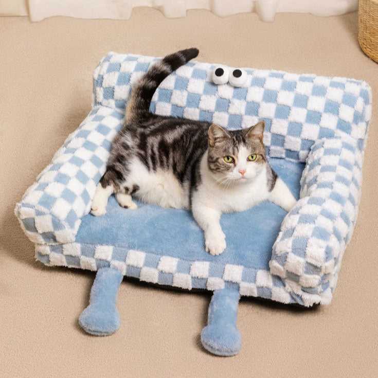 Big-eyed Blue and White Checkered Cat Couch