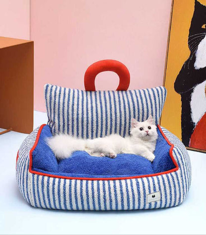 Charming Blue Striped Cat Couch
