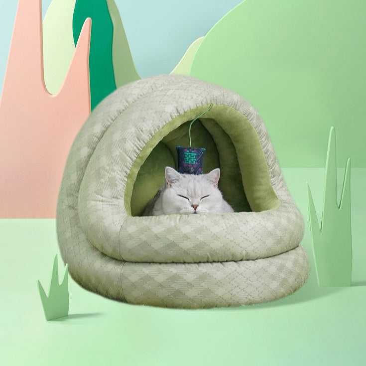 Sleeping cat in Green Pine Cave Cat Bed - Japanese Design, set in a playful pastel backdrop for cozy pet comfort.