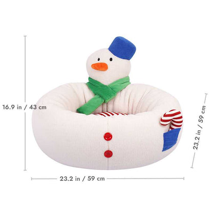 Product dimensions of Hug Snowman Cat Bed with snowman design, measuring 23.2 x 23.2 x 16.9 inches, ideal for small pets.