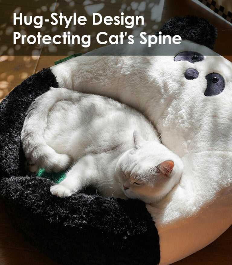 White cat sleeping in Panda Hug Cat Bed with text 'Hug-Style Design Protecting Cat's Spine,' promoting ergonomic pet comfort.