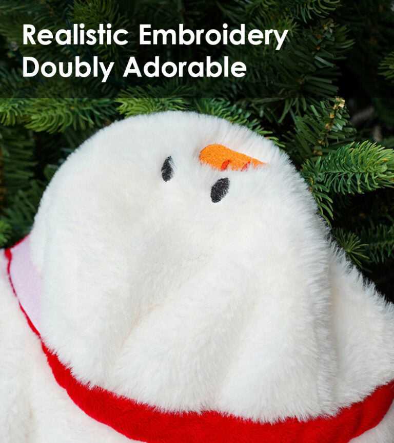 Close-up of snowman hood with embroidered face from Gift Set Cat Christmas Costumes, showcasing soft plush fabric and cute design.