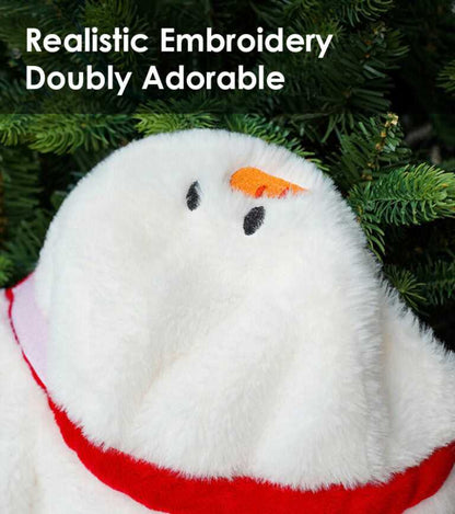 Close-up of snowman hood with embroidered face from Gift Set Cat Christmas Costumes, showcasing soft plush fabric and cute design.