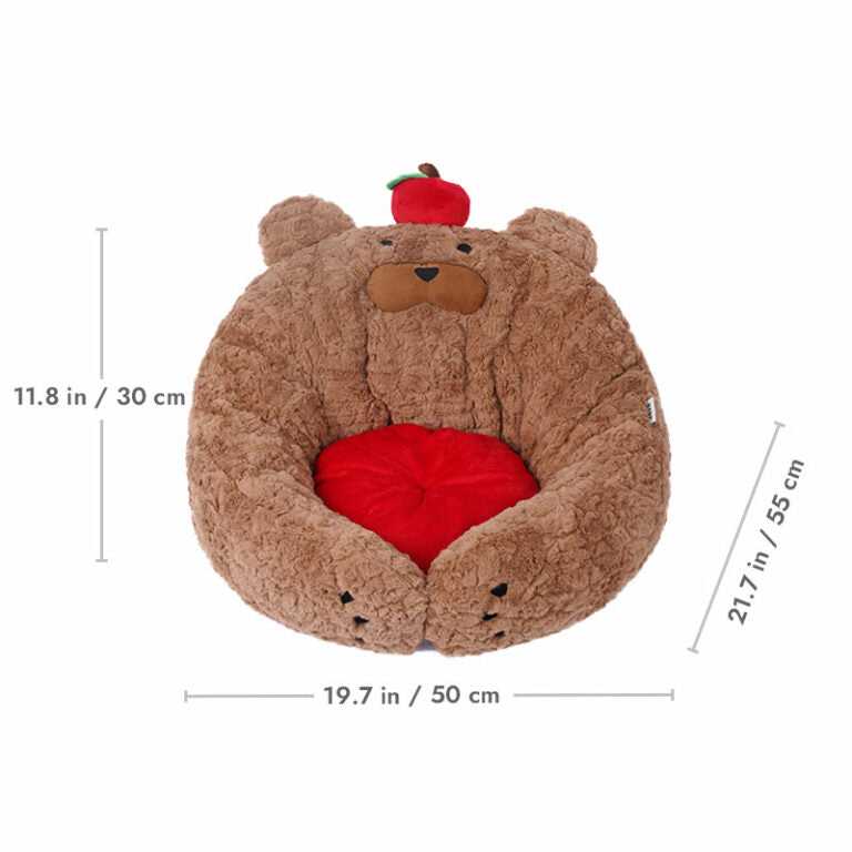 Apple Bear Hug Cat Bed with dimensions labeled, featuring bear-shaped plush design and red cushion insert.