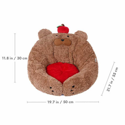 Apple Bear Hug Cat Bed with dimensions labeled, featuring bear-shaped plush design and red cushion insert.