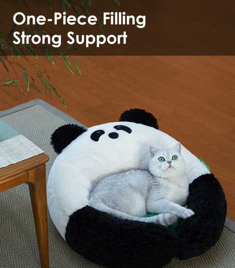 Panda Hug Cat Bed with a white cat inside, featuring text 'One-Piece Filling Strong Support' for durable and cozy cat seating.