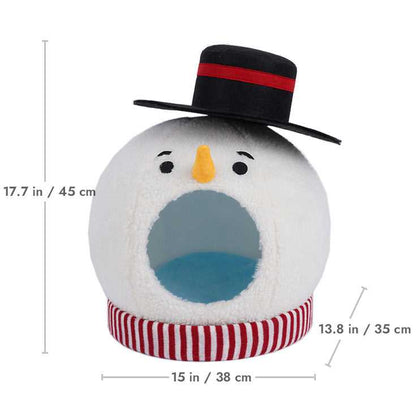 Snowman Cat Covered Bed with dimensions labeled, showing 17.7 in height and 15 in width, suitable for small pets.
