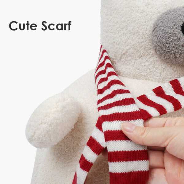 Detail of red striped scarf on Polar Bear Cat Bed - Cozy Winter Retreat, enhancing the cute bear design for indoor cat comfort.