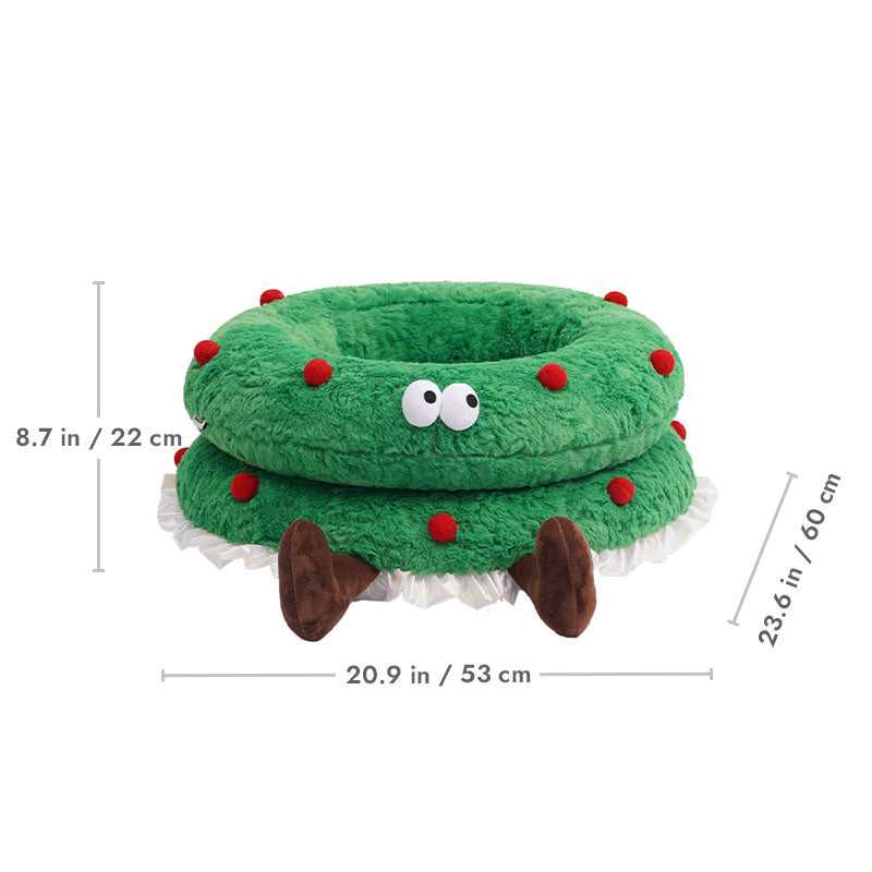 Christmas Wreath Shaped Cat Bed with size dimensions 20.9 x 23.6 x 8.7 inches, ideal for cats during the holiday season.