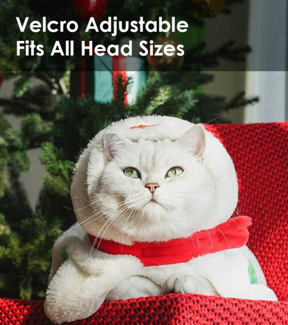 White cat in snowman costume with adjustable Velcro hood from Gift Set Cat Christmas Costumes, sitting on red chair by tree.