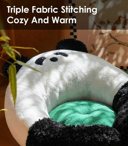 Close-up of Panda Hug Cat Bed with text 'Triple Fabric Stitching Cozy And Warm,' emphasizing its soft and durable construction.