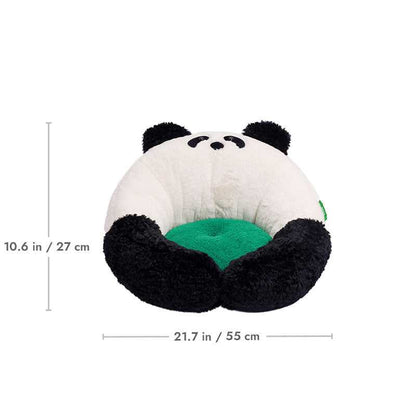 Panda Hug Cat Bed with dimensions 21.7 in x 10.6 in, showcasing its panda shape and green cushion for compact cat furniture.