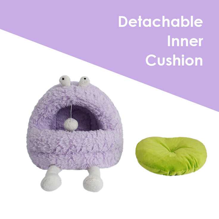 Purple Monster Series Cat Bed with detachable green cushion, offering easy cleaning and customizable comfort for cats.