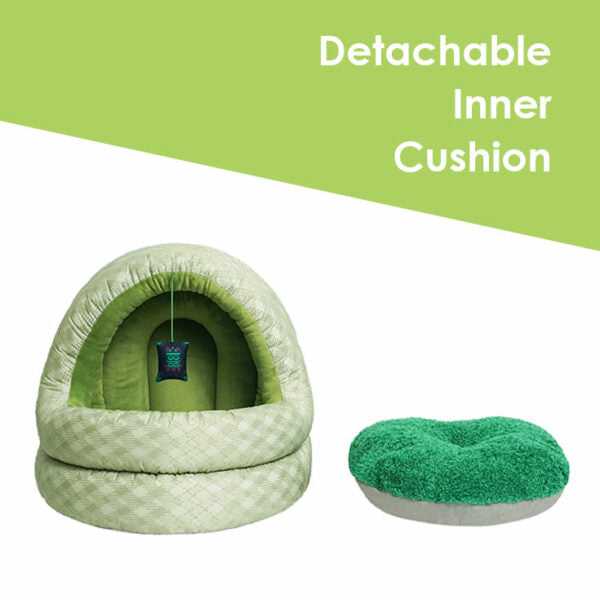 Green Pine Cave Cat Bed - Japanese Design with detachable inner cushion, offering easy cleaning and plush comfort for cats.