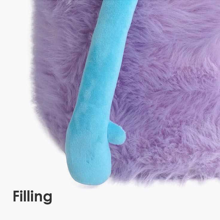 Close-up of the blue plush arm of the Little Monster Stool Cat Bed, showing detailed stitching and soft filling.