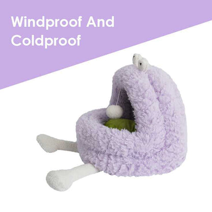 Purple Monster Series Cat Bed labeled windproof and coldproof, ideal for keeping cats warm and protected in colder seasons.