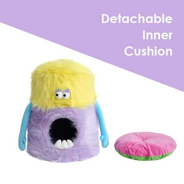 Little Monster Stool Cat Bed with detachable pink and green inner cushion, highlighting its removable and washable features.