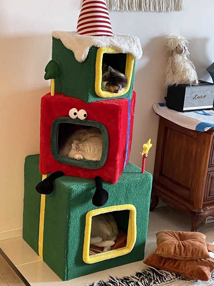 Stacked Christmas Gift Box Cat Condo