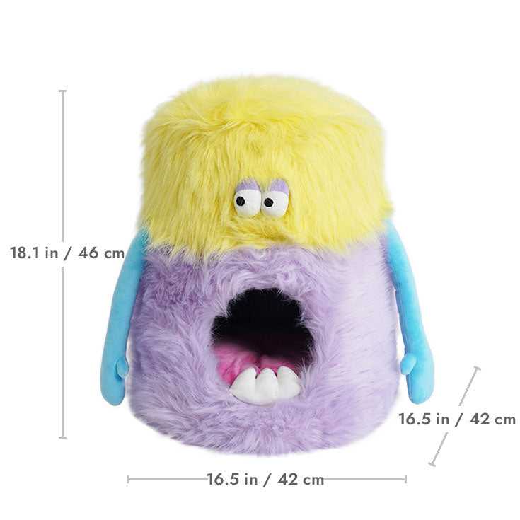 Little Monster Stool Cat Bed with dimensions labeled, showing 18.1 in height and 16.5 in width. Ideal for small to medium cats.