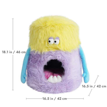 Little Monster Stool Cat Bed with dimensions labeled, showing 18.1 in height and 16.5 in width. Ideal for small to medium cats.