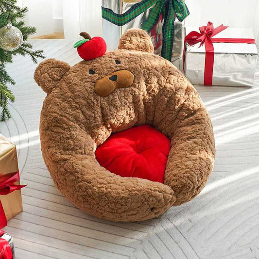 Apple Bear Hug Cat Bed with plush bear design and red cushion, ideal for cozy cat lounging during holidays.