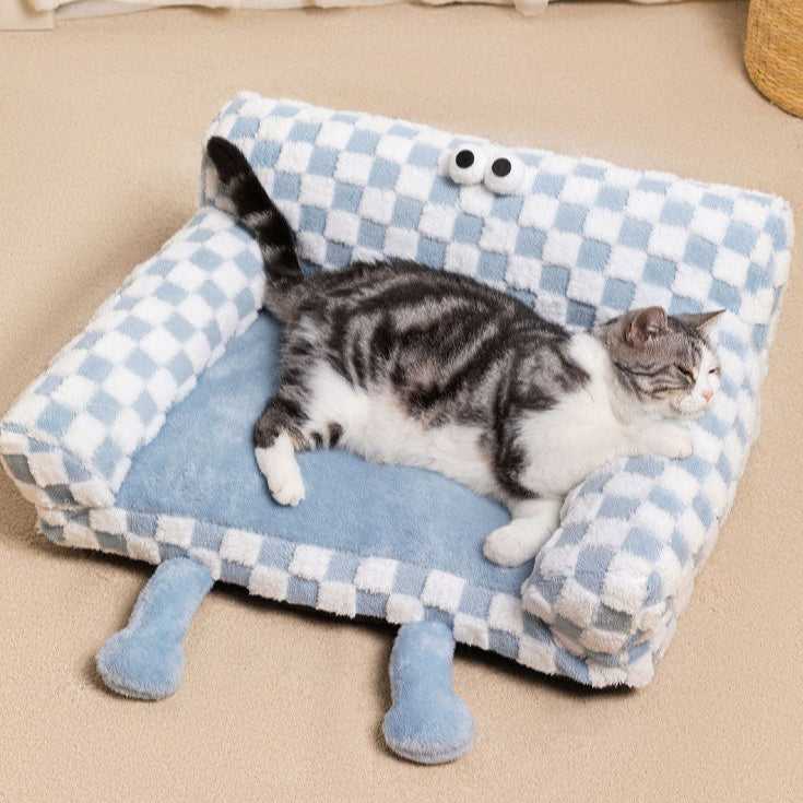 Big-eyed Blue and White Checkered Cat Couch