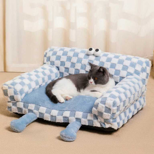 Big-eyed Blue and White Checkered Cat Couch