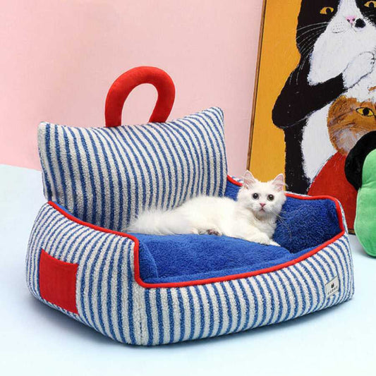 Charming Blue Striped Cat Couch