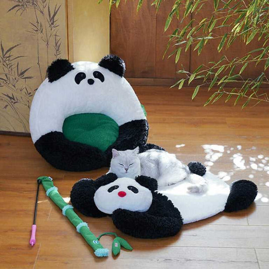 Panda Hug Cat Bed set with plush panda-shaped cushion and mat, featuring a white cat lounging on the mat. Ideal for cozy cat relaxation.