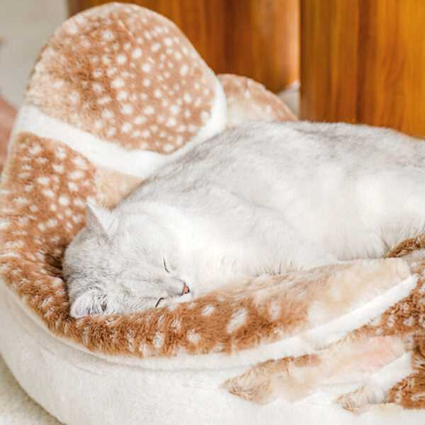 Close-up of a cat sleeping in the Sparrow Cat Bed with plush bird design. Perfect for cozy and warm cat lounging.