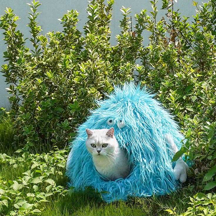 White cat peeking from a blue Monster Series Cat Bed in a garden, showing the bed's playful monster shape and outdoor versatility.