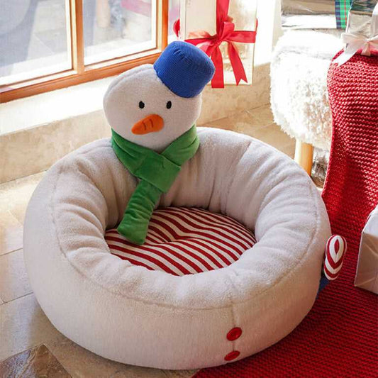 Hug Snowman Cat Bed with plush snowman backrest, red buttons, and striped cushion, ideal for cozy holiday-themed cat furniture.