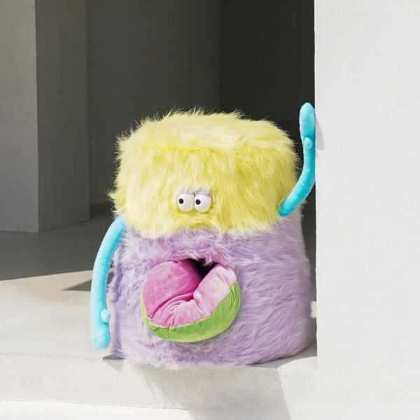 Little Monster Stool Cat Bed with open mouth and visible pink cushion, showing its cozy and removable interior design.