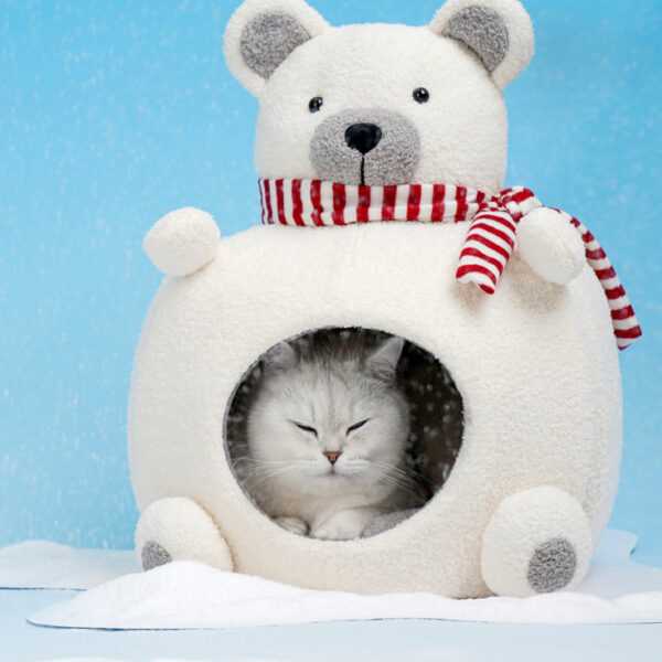 Cat relaxing in Polar Bear Cat Bed - Cozy Winter Retreat, a warm indoor nest with plush velvet and adorable bear shape.