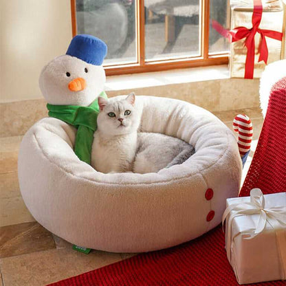 White cat lounging in Hug Snowman Cat Bed featuring festive snowman design, perfect for Christmas cat furniture collections.