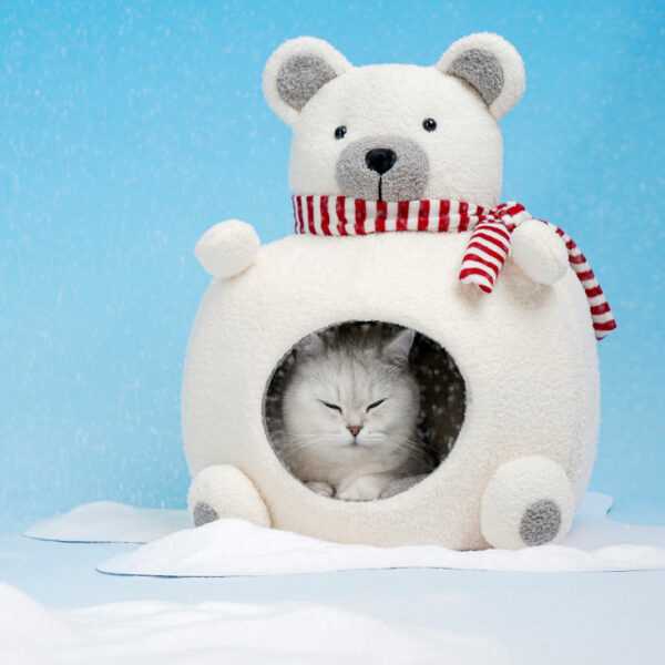 Cat enjoying warmth inside Polar Bear Cat Bed - Cozy Winter Retreat, designed for indoor cats with plush velvet and foam insulation.