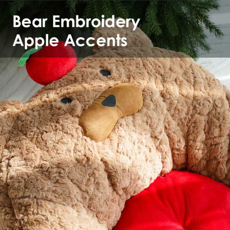 Close-up of Apple Bear Hug Cat Bed with bear embroidery and apple accents, emphasizing cute design details.