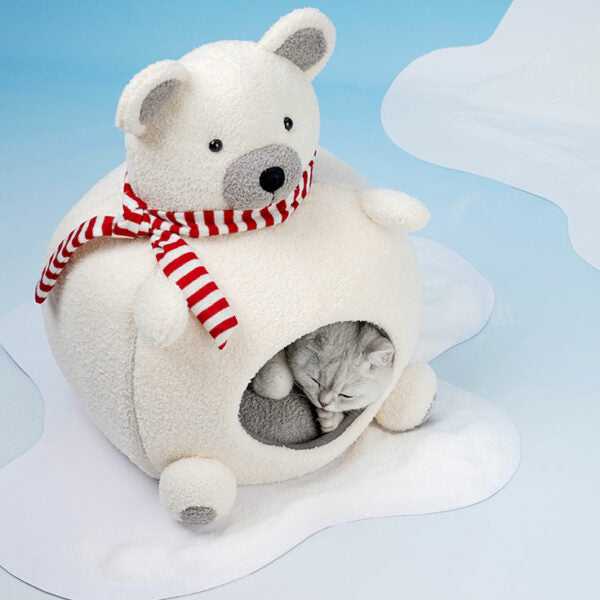Top view of Polar Bear Cat Bed - Cozy Winter Retreat with cat inside, showing soft velvet texture and round bear shape.