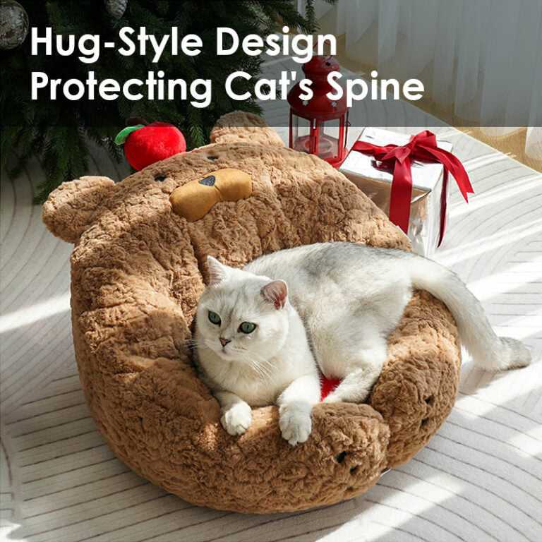 Cat in Apple Bear Hug Cat Bed with text promoting hug-style design that supports and protects cat's spine.