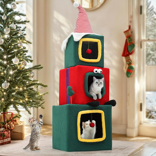 Stacked Christmas Gift Box Cat Condo