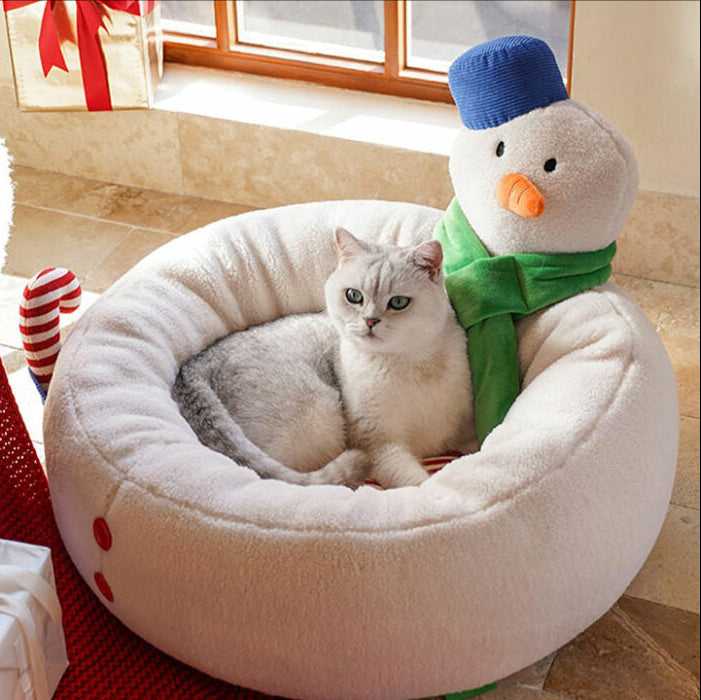 Cat resting in Hug Snowman Cat Bed with soft snowman backrest and red buttons, perfect for cozy holiday cat furniture.