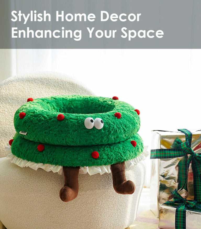 Christmas Wreath Shaped Cat Bed on a chair with text 'Stylish Home Decor Enhancing Your Space' promoting festive pet furniture.