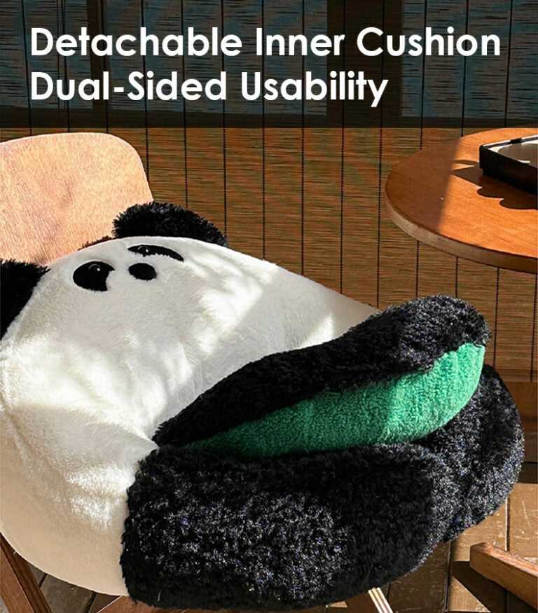 Panda Hug Cat Bed showing 'Detachable Inner Cushion Dual-Sided Usability' text, highlighting its versatile and easy-to-clean design.