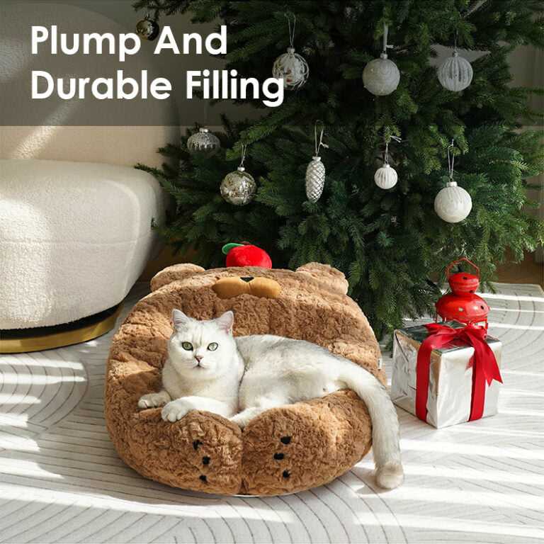 Cat in Apple Bear Hug Cat Bed with text highlighting plump and durable filling for long-lasting comfort.