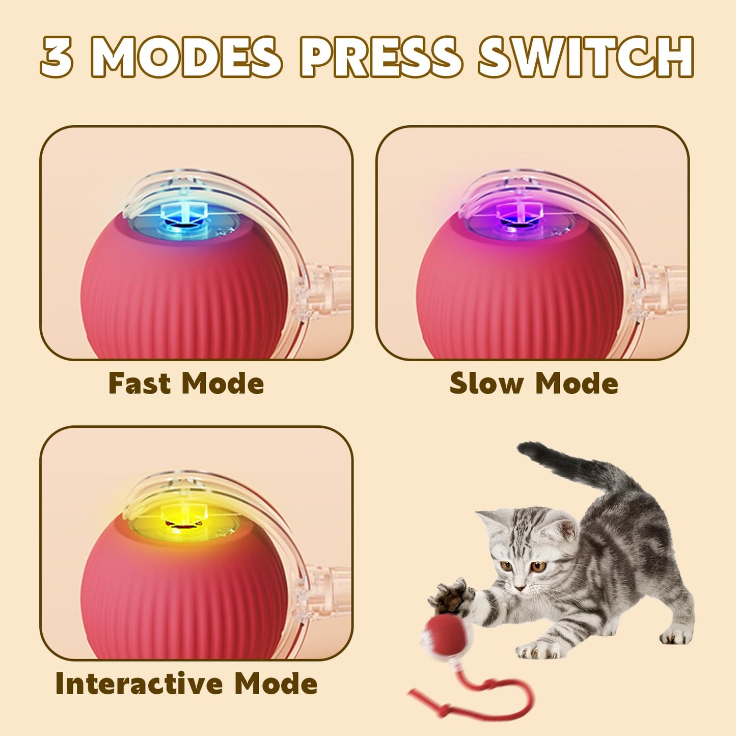 Chewie Pet Ball - Smart Interactive Toy showing 3 play modes: fast, slow, and interactive. Enhances pet engagement and fun.