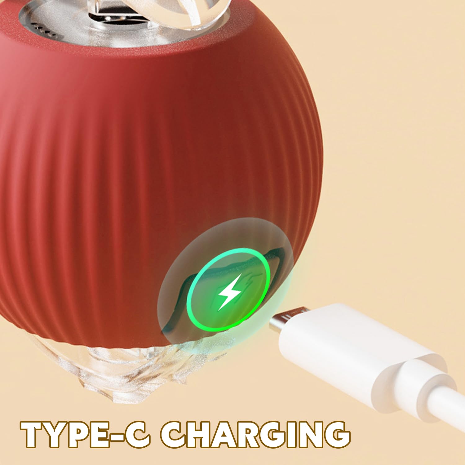 Close-up of Chewie Pet Ball - Smart Interactive Toy with Type-C charging. Rechargeable design for continuous pet entertainment.