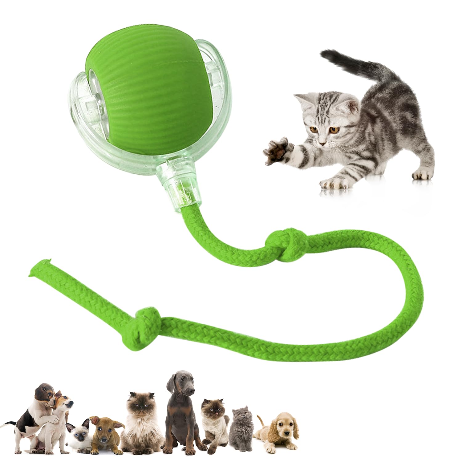 Green Chewie Pet Ball - Smart Interactive Toy with rope, perfect for cats and dogs. Promotes active and healthy playtime.