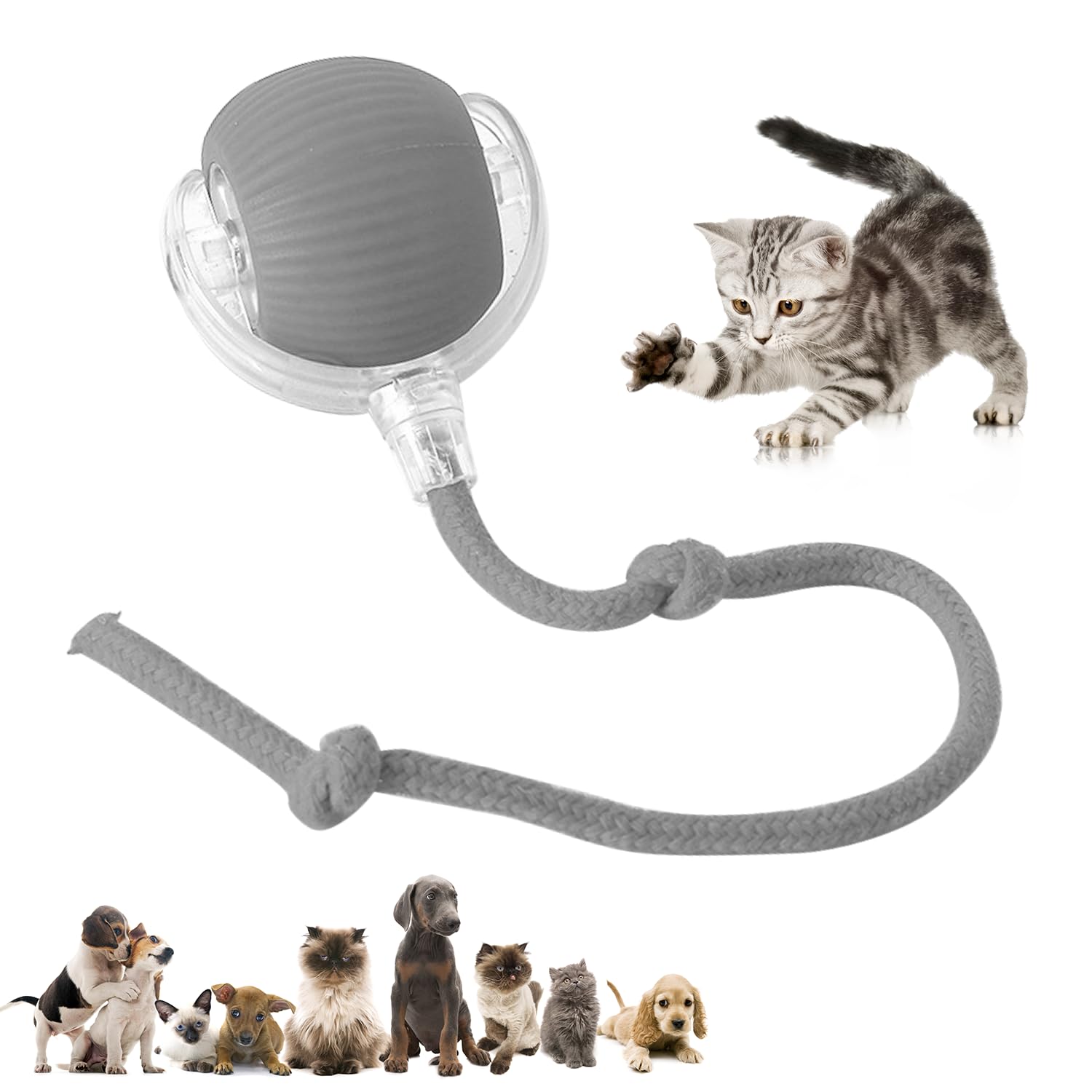 Gray Chewie Pet Ball - Smart Interactive Toy with rope, ideal for cats and dogs. Durable, safe, and fun for indoor play.